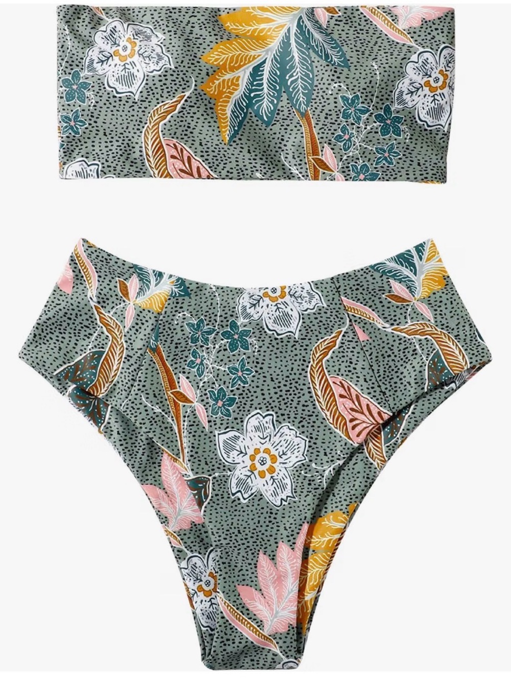 Strapless High-Waist Floral Bandeau Bikini Set - Green